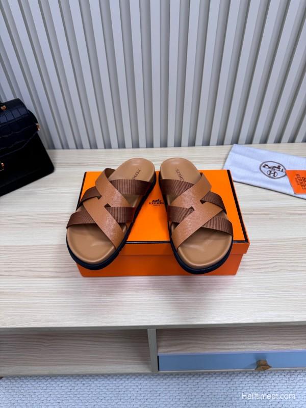 2025 Men Hermès Brown Leather Slippers