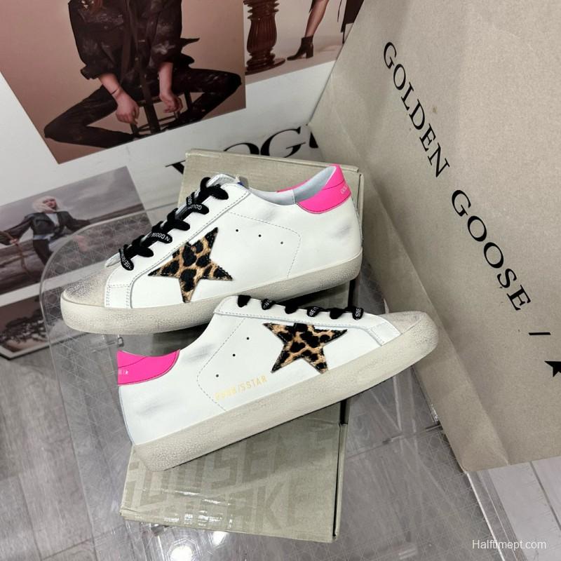 2025 Women GGDB White Pink Leopard Print Leather Sneakers MJ00260