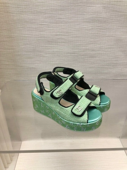 2025 Slippers Chanel Mint Green Textile Platform Sandals LY00330