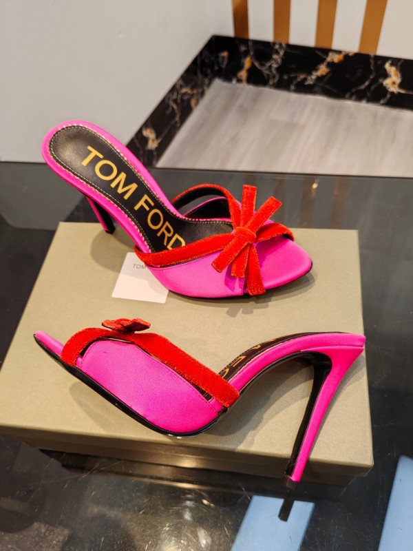 2025 Women TOM FORD Pink Red Silk Velvet High Heel Mules KFY00290