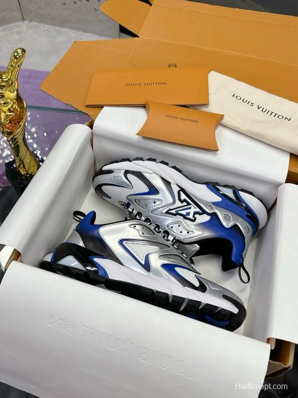 2025 Men Louis Vuitton White Blue Leather Mesh Sneakers MJ00420