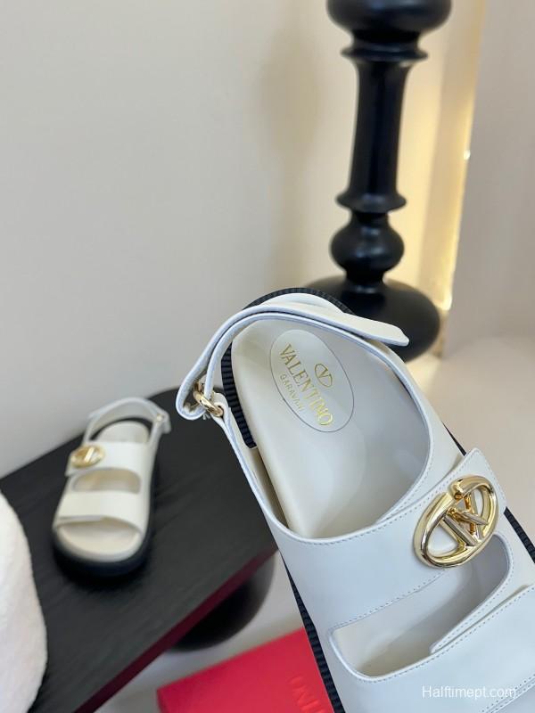 2025 Women Valentino White Leather Sandals V Buckle KFY00320