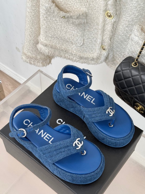2025 Women Chanel Blue Denim Leather Platform Sandals KFY00260