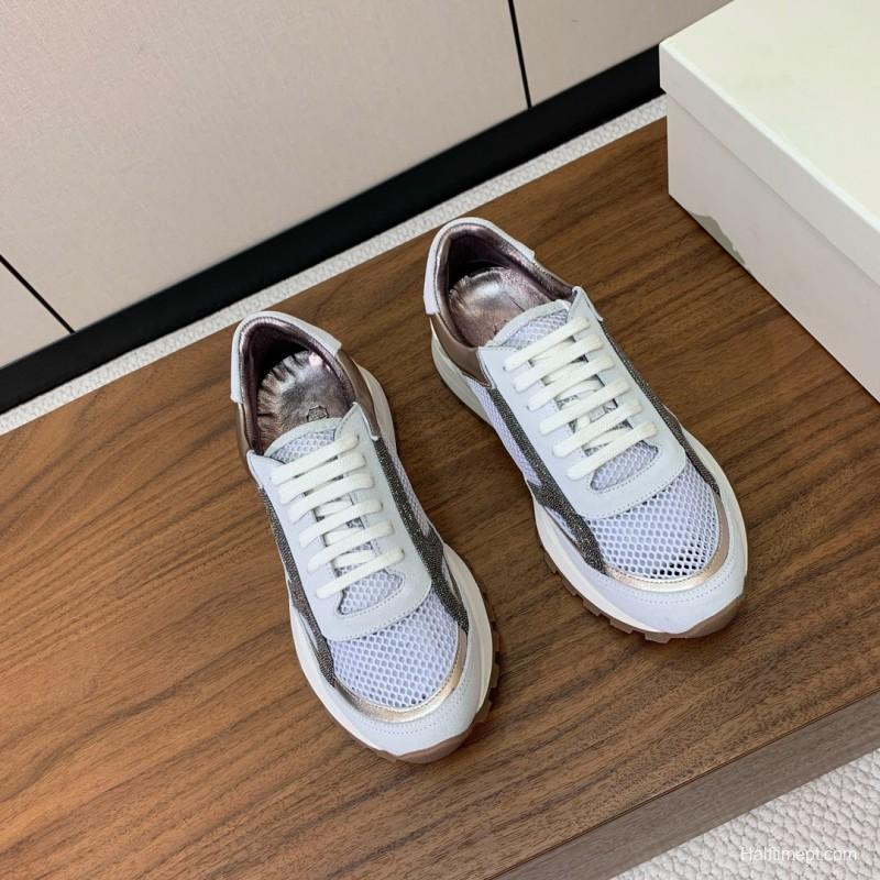 2025 Women Brunello Cucinelli White Silver Mesh Leather Sneakers