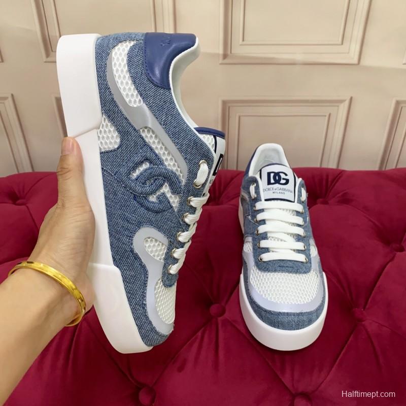 2025 Unisex Dolce & Gabbana Blue White Mesh Denim Sneakers