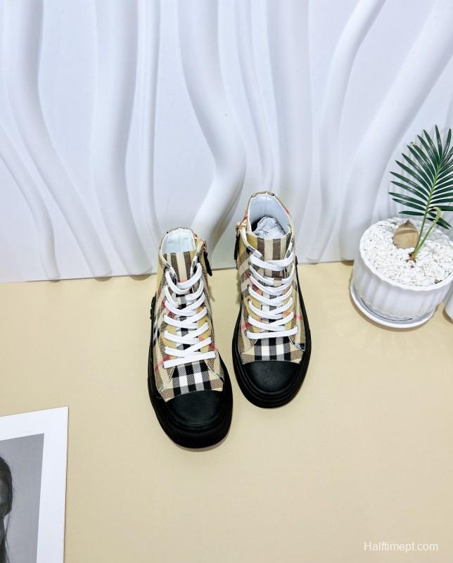 2024 Kids Burberry Beige Black White Canvas Leather High-top Sneakers