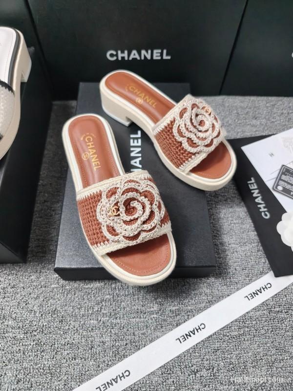 2025 Women Chanel Brown White Leather Slippers