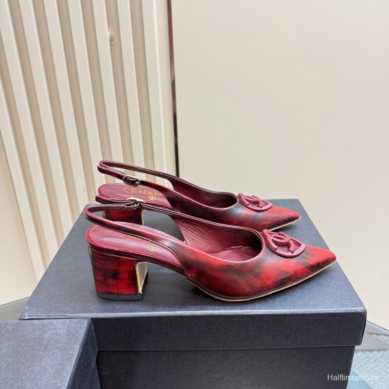 2025 Women Chanel Burgundy Leather Slingback Heels KFY00290