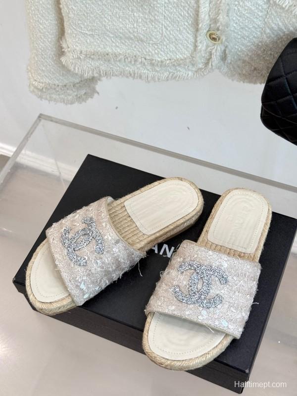 2025/Women Chanel White Lace Espadrille Slides With Sequined CC Logo KFY00240(F)