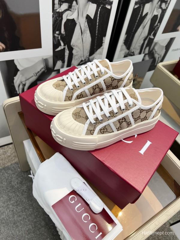 2025 Women Gucci Beige Brown Canvas Platform Sneakers LY00270