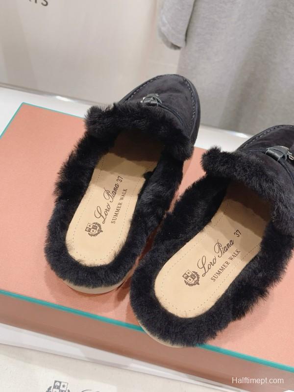 2024 Slippers LP Black Suede Shearling Loafers MJ00300