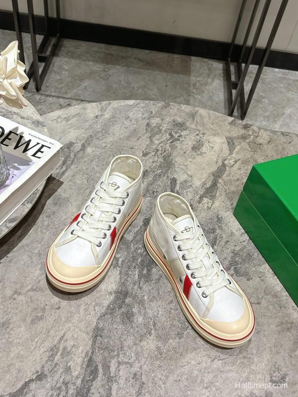 2025 Unisex Bottega Veneta White Red Canvas Lambskin Sneakers Hand Painted KFY00260(F/M)