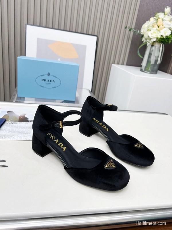 2025 Women Prada Black Velvet Mary Jane Block Heel KFY00270