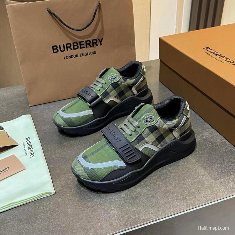 2025 Unisex Burberry Green Black Cotton Calfskin Suede Sneakers MJ00360(W)