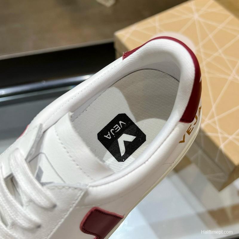 2025 Unisex VEJA White Burgundy Leather Canvas Sneakers MJ00240