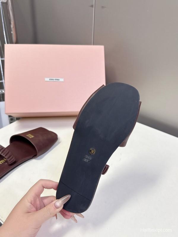 2025 Slippers Miu Miu Brown Leather Slippers LY00