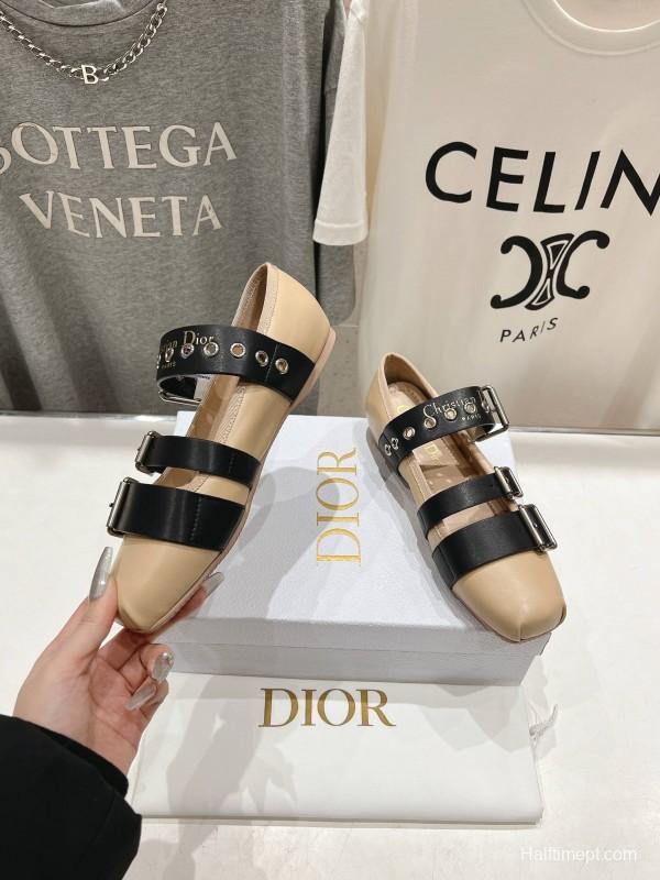 2025 Women Dior Beige Black Leather Mary Jane Buckle KFY00300