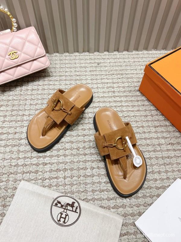 2025 Slippers Hermès Brown Suede Leather Casual LY00350
