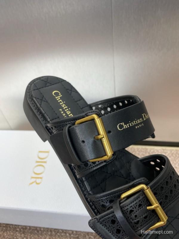 2025 Women Dior Black Leather Sandals Buckle LY00300