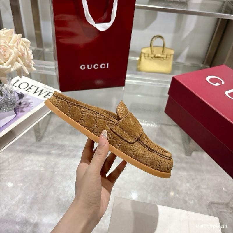 2025 Women Gucci Dark Brown Suede Loafers Embossed GG LY00270