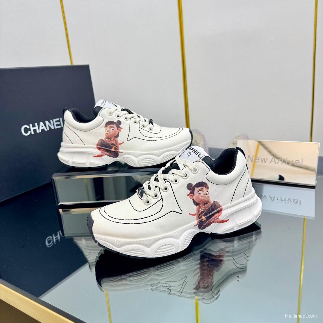 2025 Women Chanel White Leather Sneakers Cartoon Graphic
