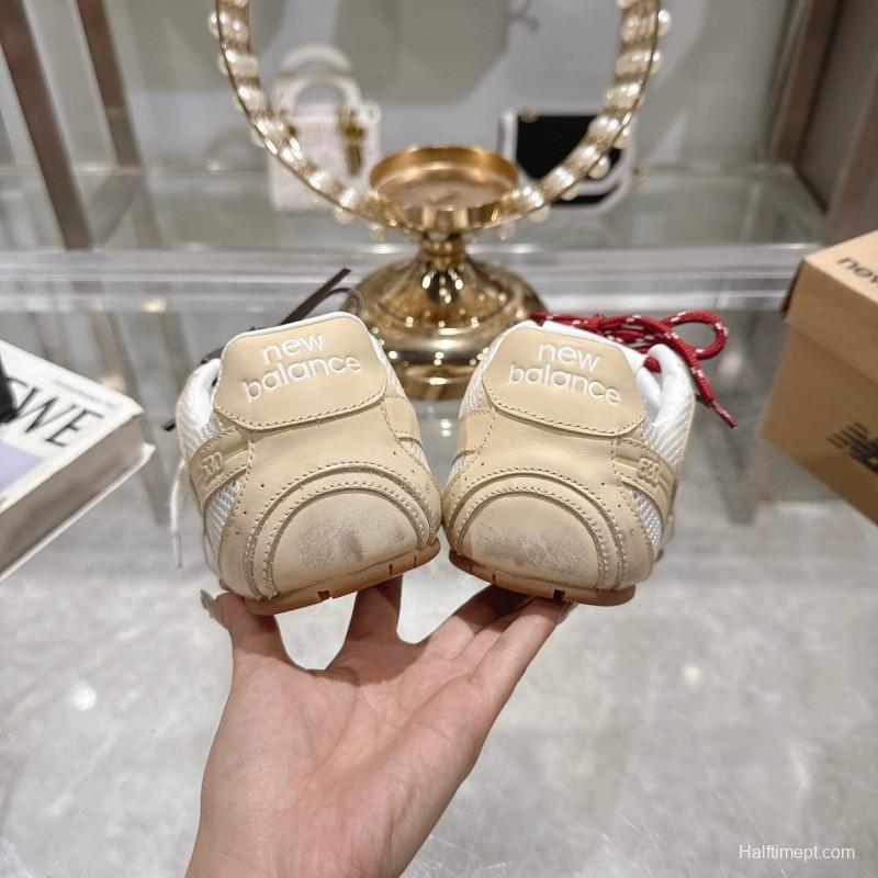 2025 Women New Balance Beige White Leather Mesh Sneakers