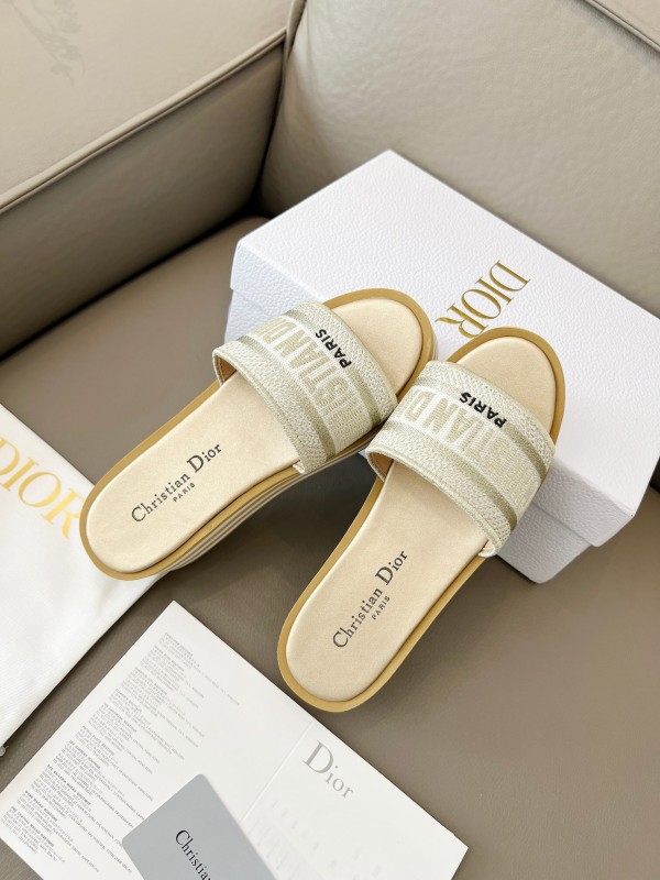 2025 Women Dior White Beige Canvas Platform Slippers