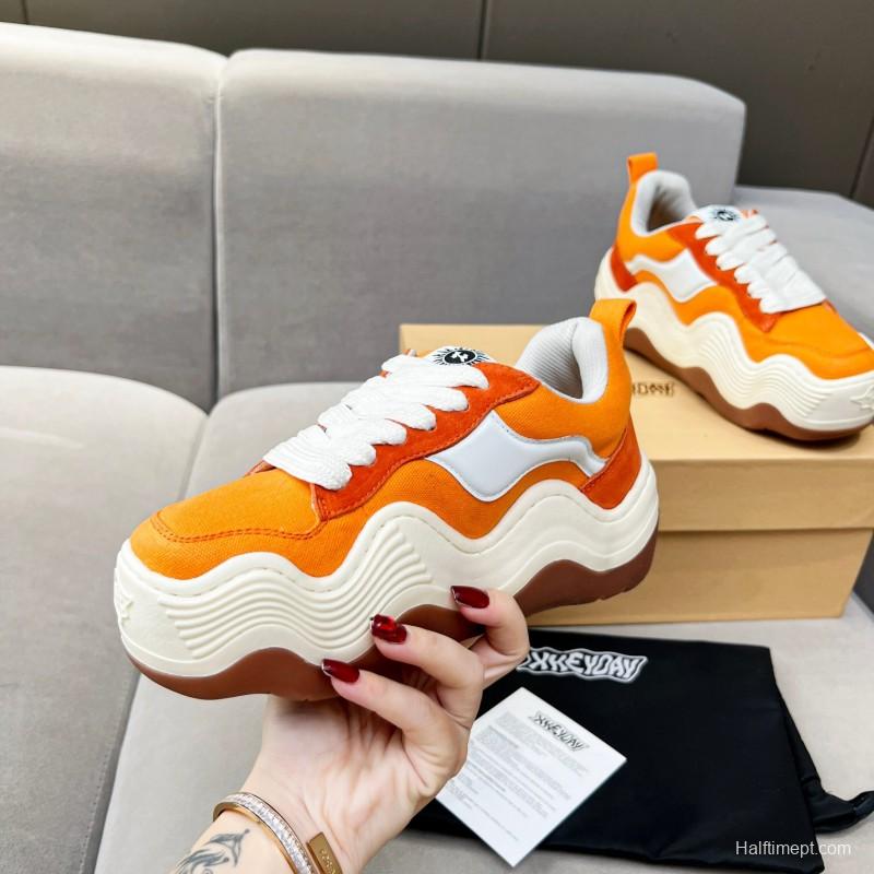 2025 Women HEYDAY Orange White Suede Canvas Wave Sneakers KFY00260