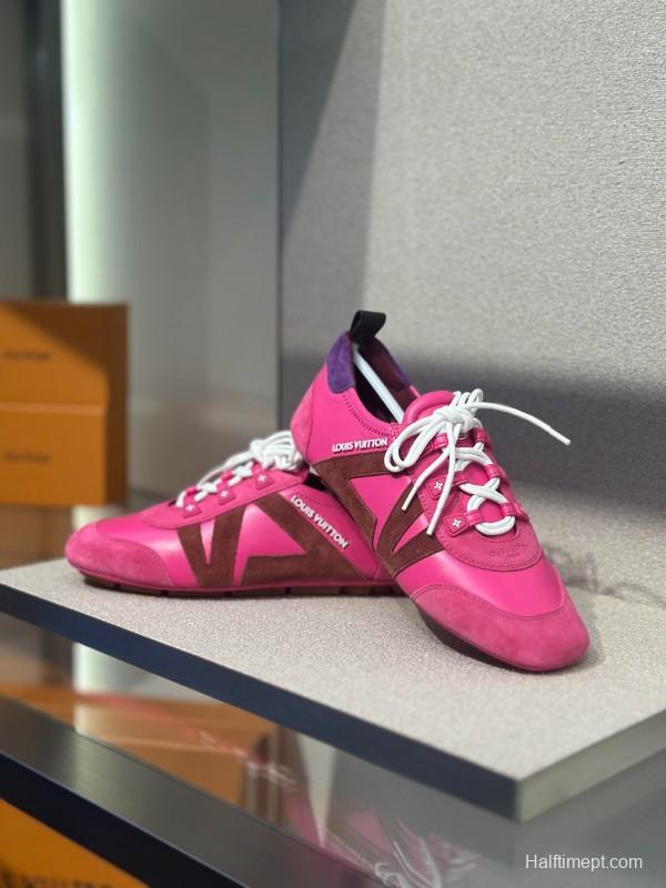 2025 Women Louis Vuitton Pink Purple Suede Leather Sneakers LY00340