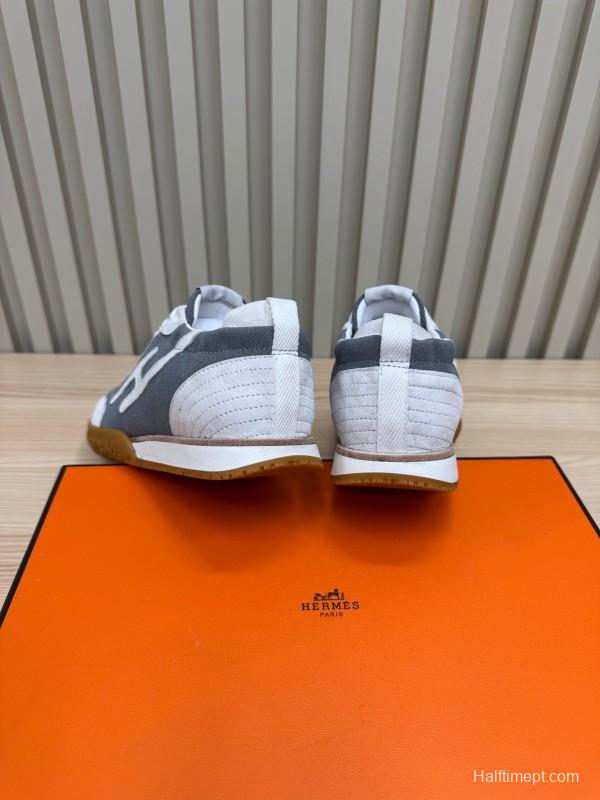 2025 Unisex Hermès White Grey Suede Down Fabric Sneakers Top Version LY00310