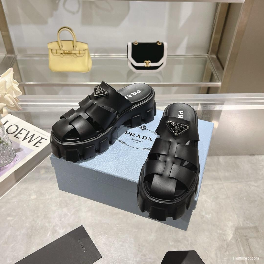 2025 Women Prada Black Leather Slingback Sandals LY00250