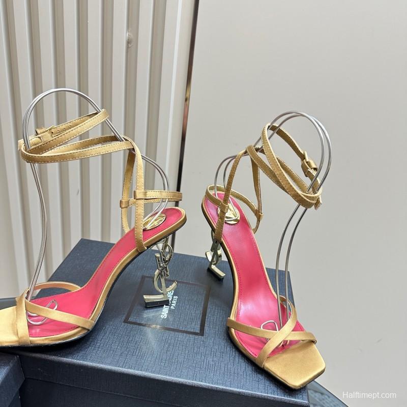2025 Women Yves Saint Laurent Light Brown Satin High Heel Sandals