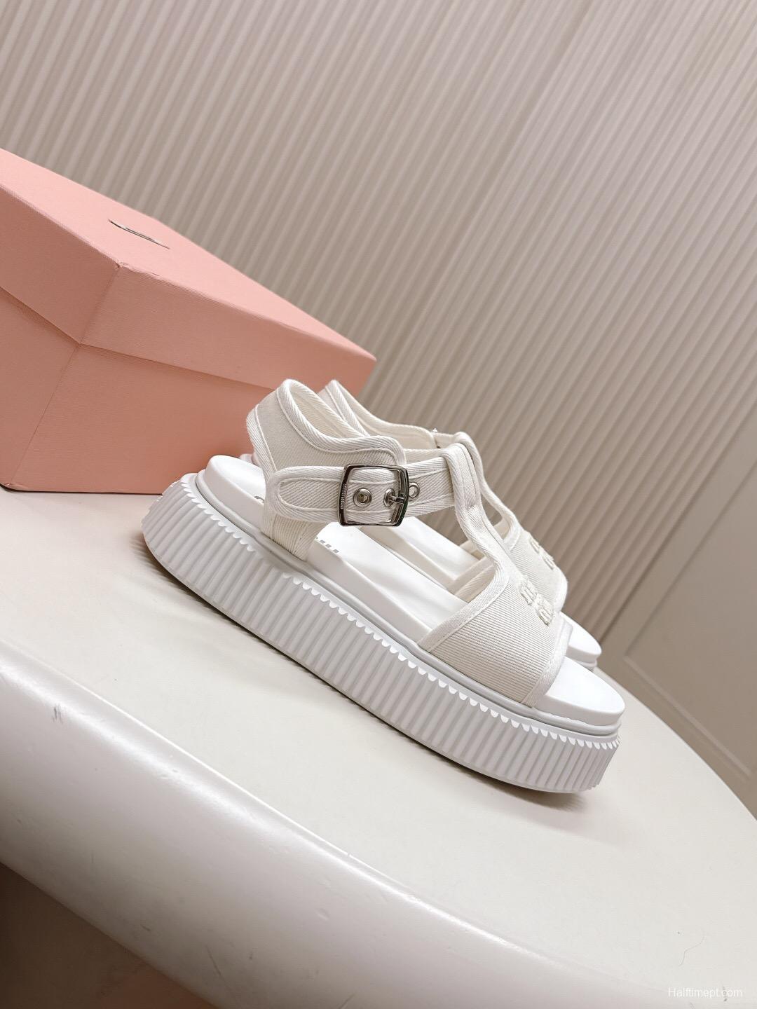 2025 Women Miu Miu White Canvas Sandals