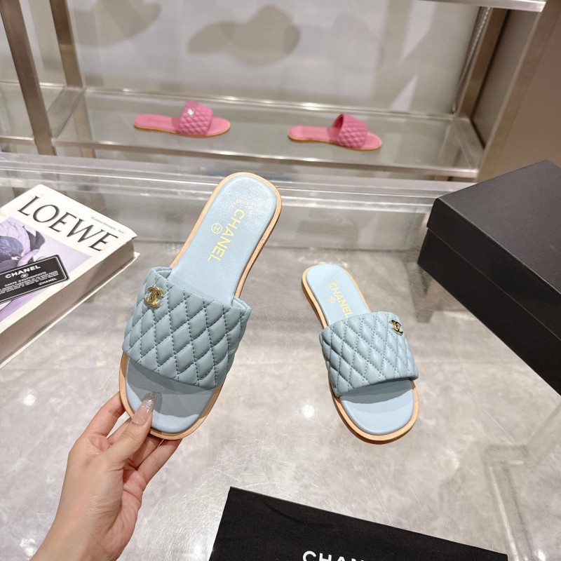 2025 Women Chanel Light Blue Lambskin Slippers