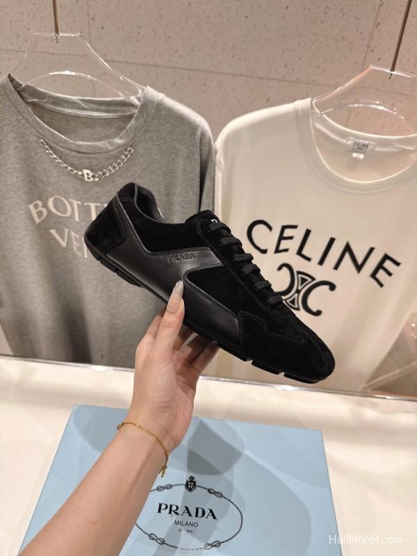 2025 Unisex Prada Black Suede Leather Casual Shoes KFY00300