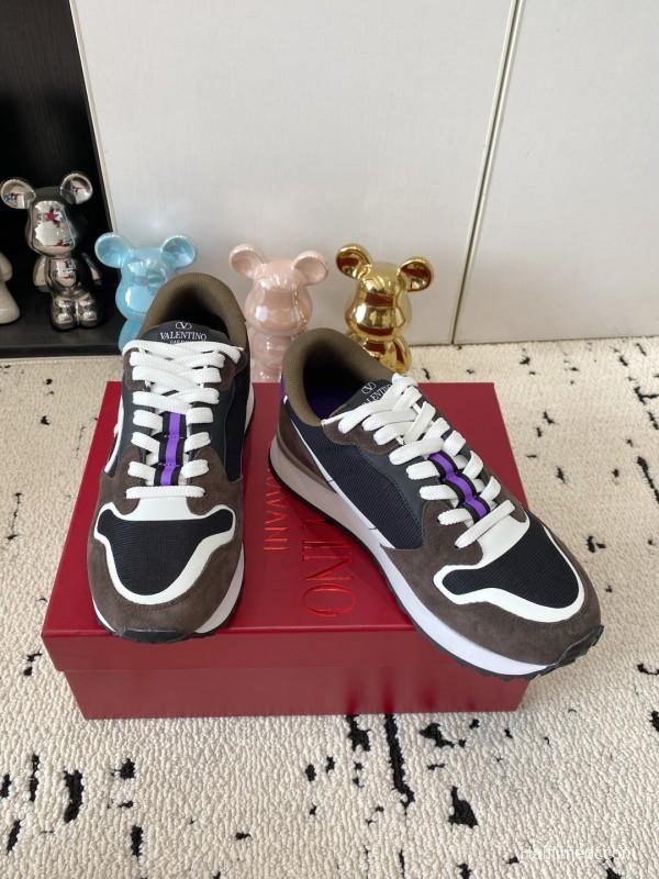 2025 Unisex Valentino Black Brown Purple Suede Leather Mesh Sneakers