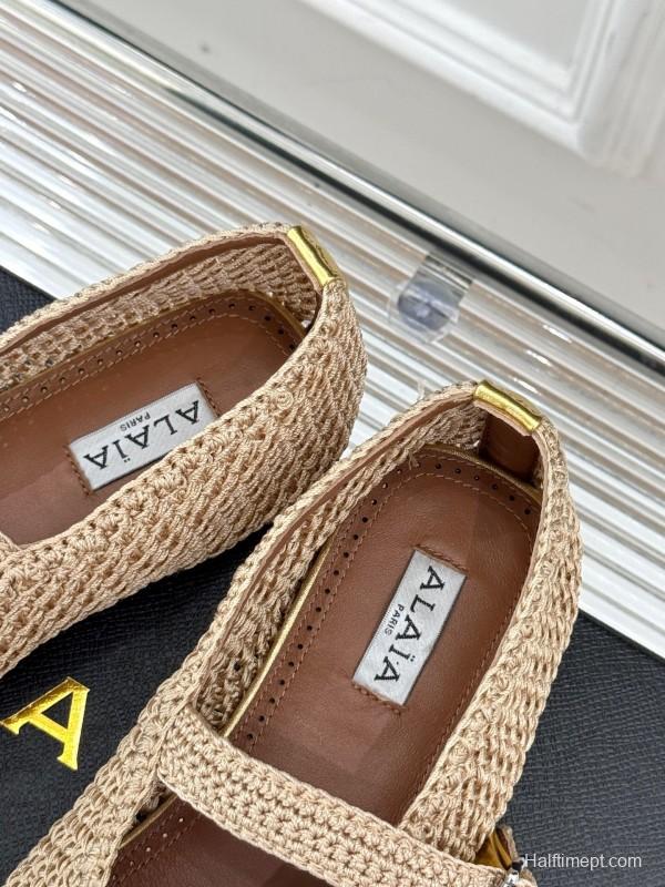 2025 Women AlAIA Beige Woven Leather Mary Jane Shoes