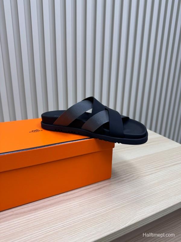 2025 Unisex Hermès Black Grey Leather Slippers