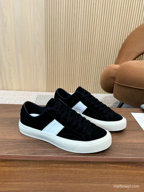 2025 Unisex TOM FORD Black White Suede Leather Sneakers