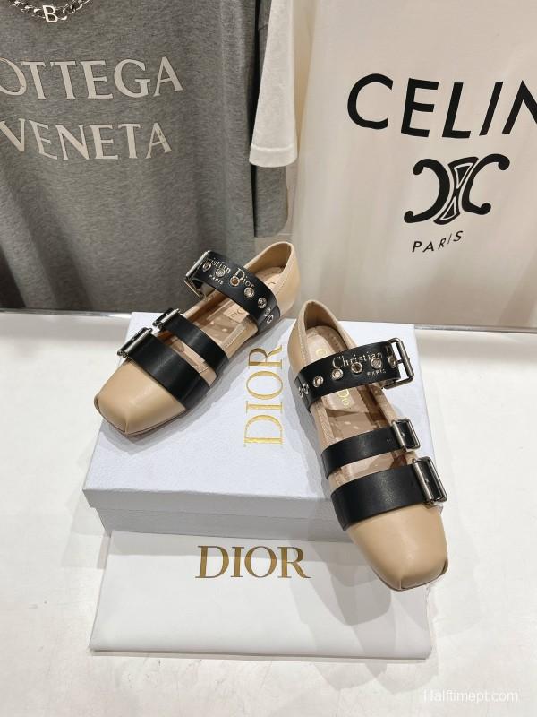 2025 Women Dior Beige Black Leather Mary Jane Buckle KFY00300