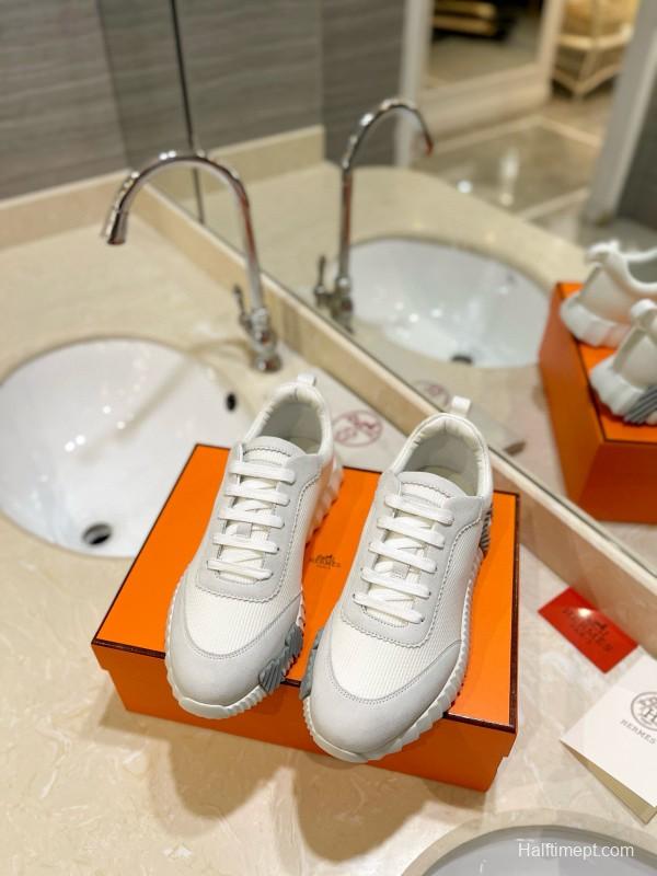 2024 Unisex Hermès White Cream Imported Silky Goat Suede Nylon Sneakers MJ00320