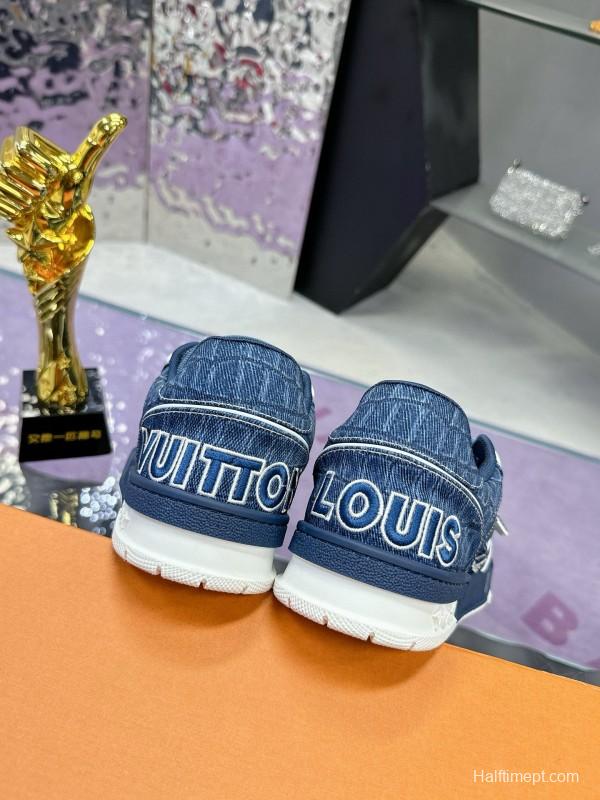 2024 Men Louis Vuitton Blue Denim Calfskin Silk Plimsolls Washed MJ00410