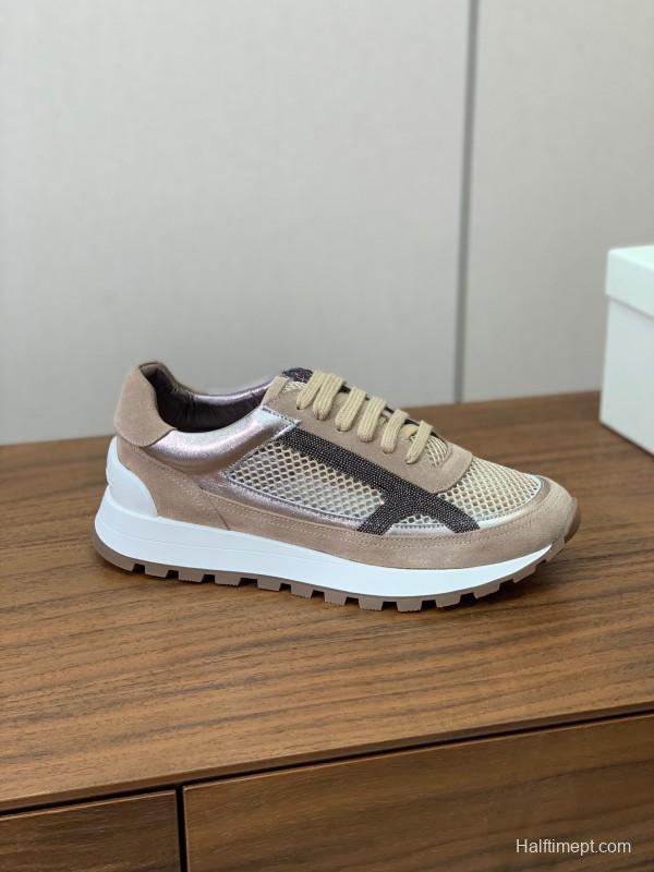 2025 Unisex Brunello Cucinelli Beige Black Mesh Suede Sneakers