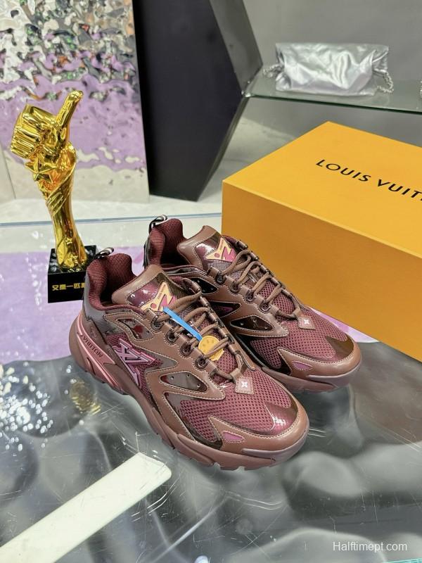 2025 Men Louis Vuitton Brown Mesh Leather Sneakers MJ00420