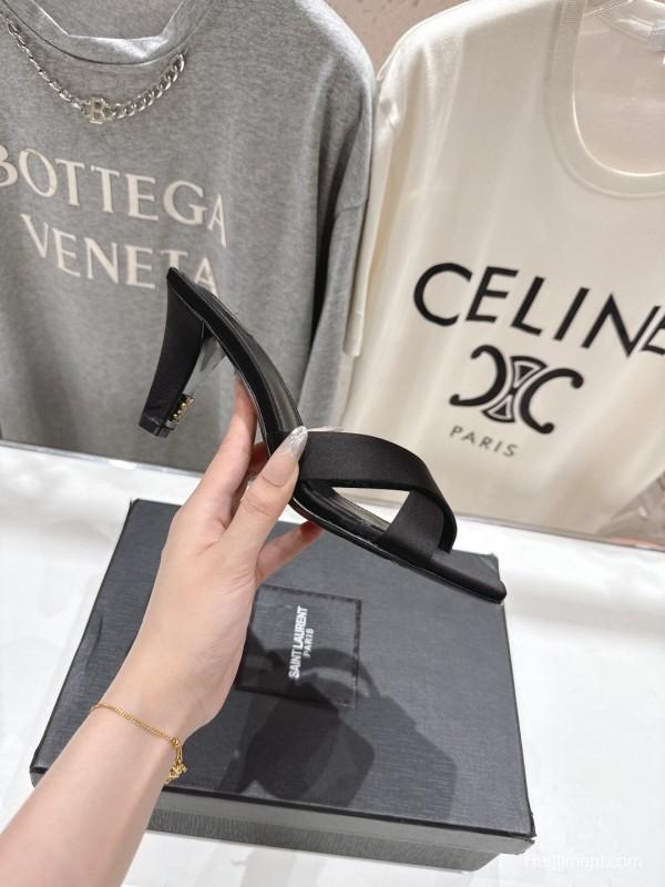 2025 Women Yves Saint Laurent Black Leather High Heel Slide Sandals With Gold Medallion Detail - LY00360(F)