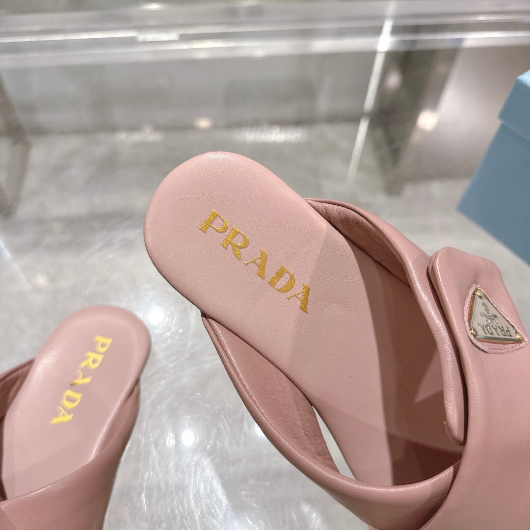 2025 Women Prada Pink Leather Slippers