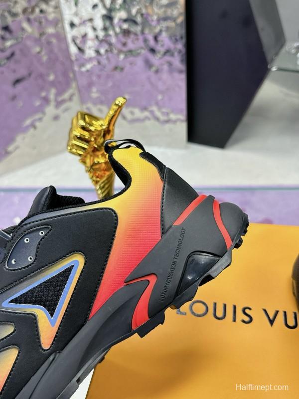 2025 Men Louis Vuitton Black Yellow Orange Mesh Leather Sneakers MJ00420