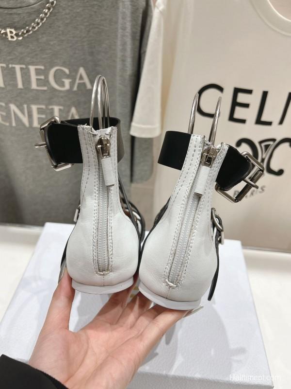 2025 Women Dior White Black Leather Mary Jane Buckle Ballerina KFY00320