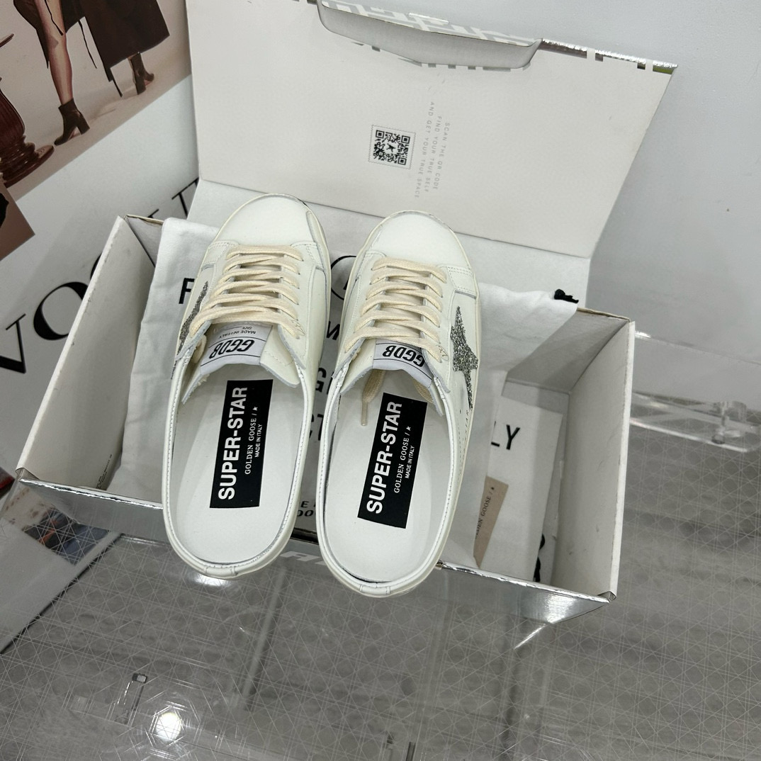 2025 Women GGDB White Silver Leather Suede Star Mules