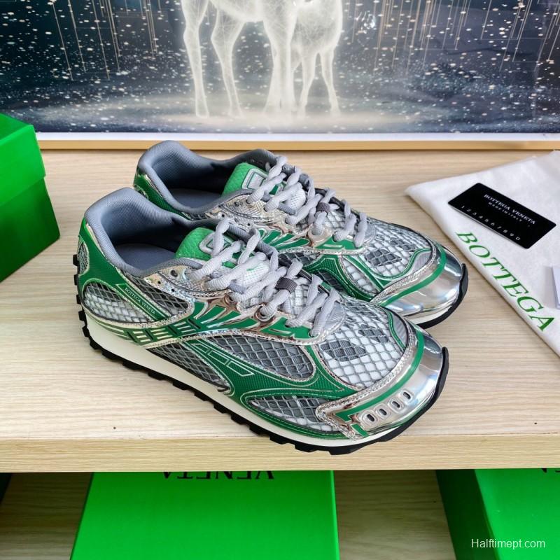 2025 Unisex Bottega Veneta Green Silver Mesh Sneakers LY00310